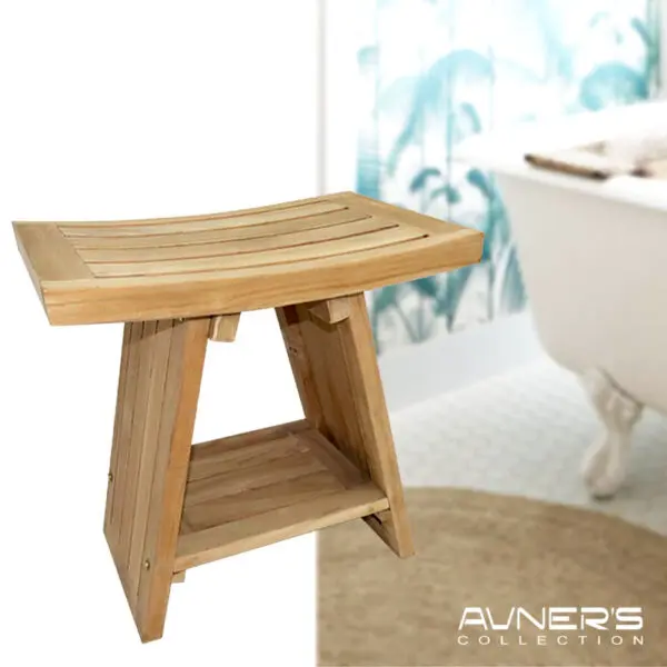 ספסל למקלחת טי 45 ס״מ עם מדף עץ טיק מלא