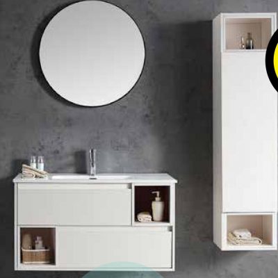ארון אמבטיה תלוי קווין אפוקסי חזית לבנה/ פורניר עץ טבעי במגוון מידות